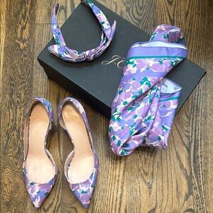 J. Crew Purple Floral Heels Elegant Stiletto Pumps Scarf Headband 8.5